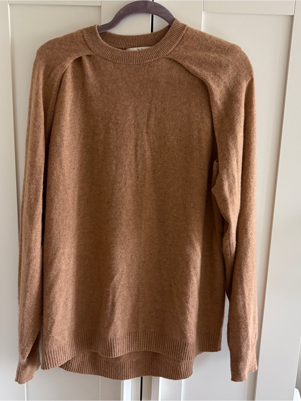 Tibi Featherweight Cashmere Cutout Sleeve Sweater in Camel
